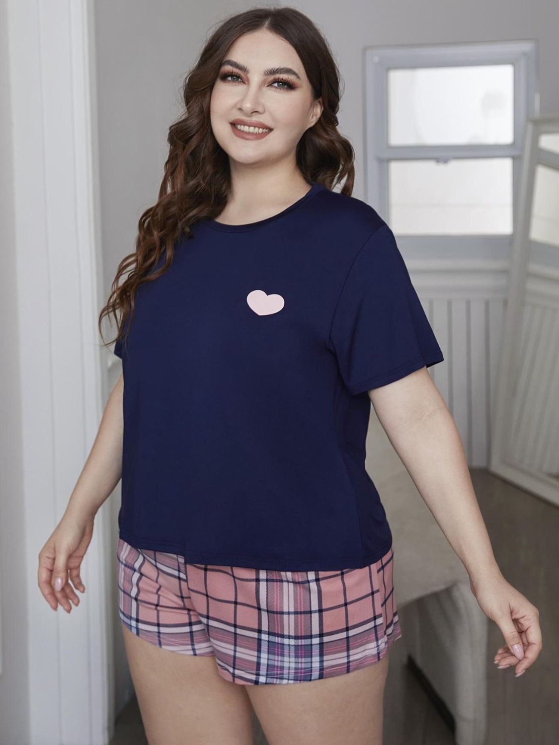 Plus Size Heart Graphic Top and Plaid Shorts Loungewear Set-Jewearrings