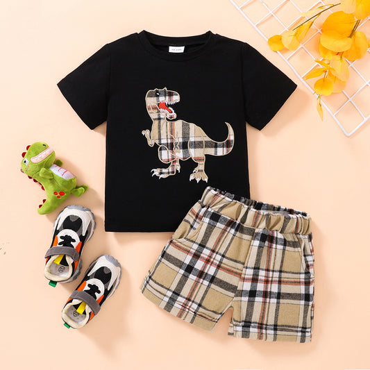 Kids Dinosaur Graphic Tee and Plaid Shorts Set-Jewearrings