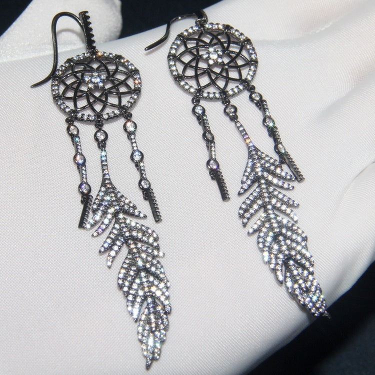 Sterling Silver Earrings Set With Diamonds To Catch Dream Net Feathers-Jewearrings