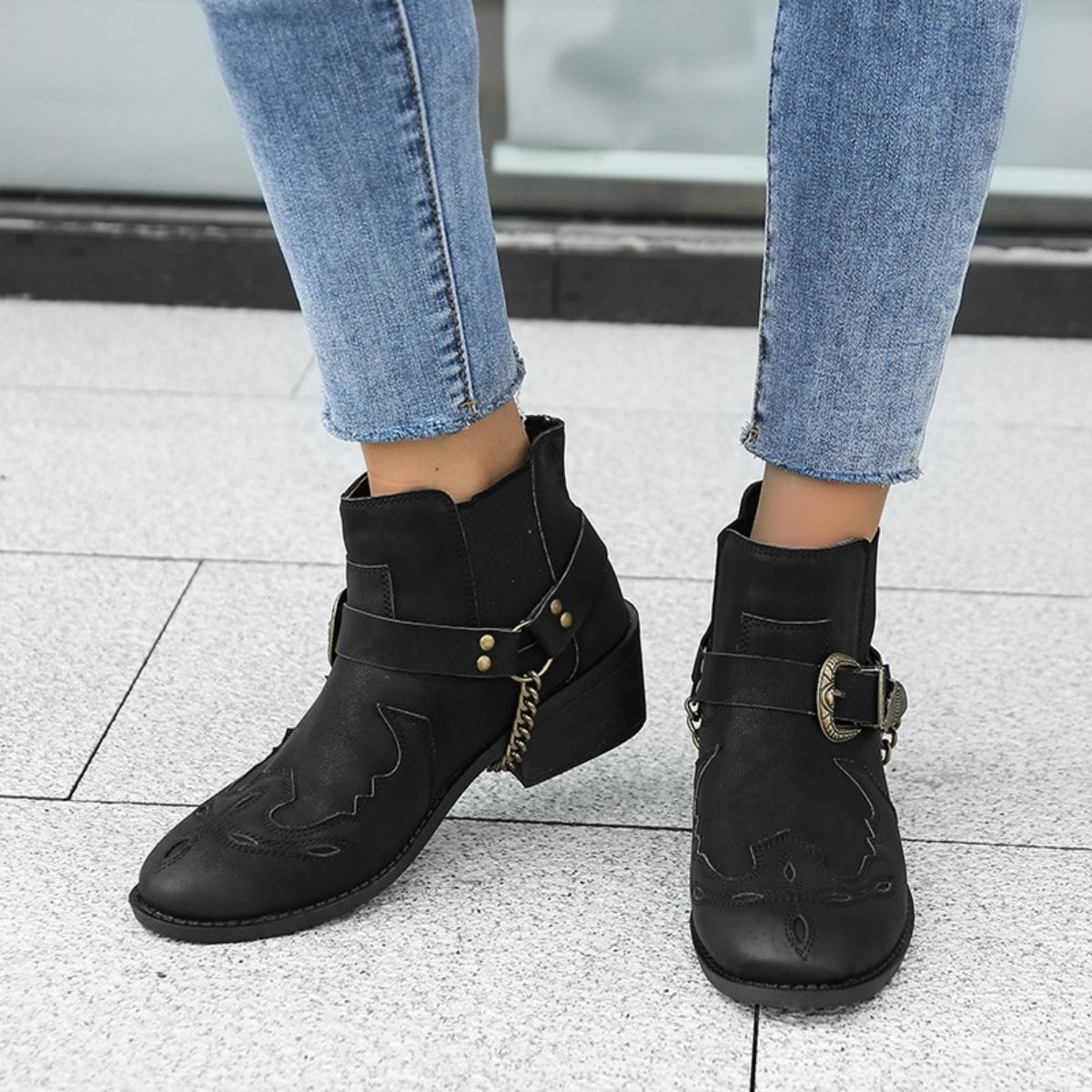 Chain PU Leather Block Heel Boots-Jewearrings