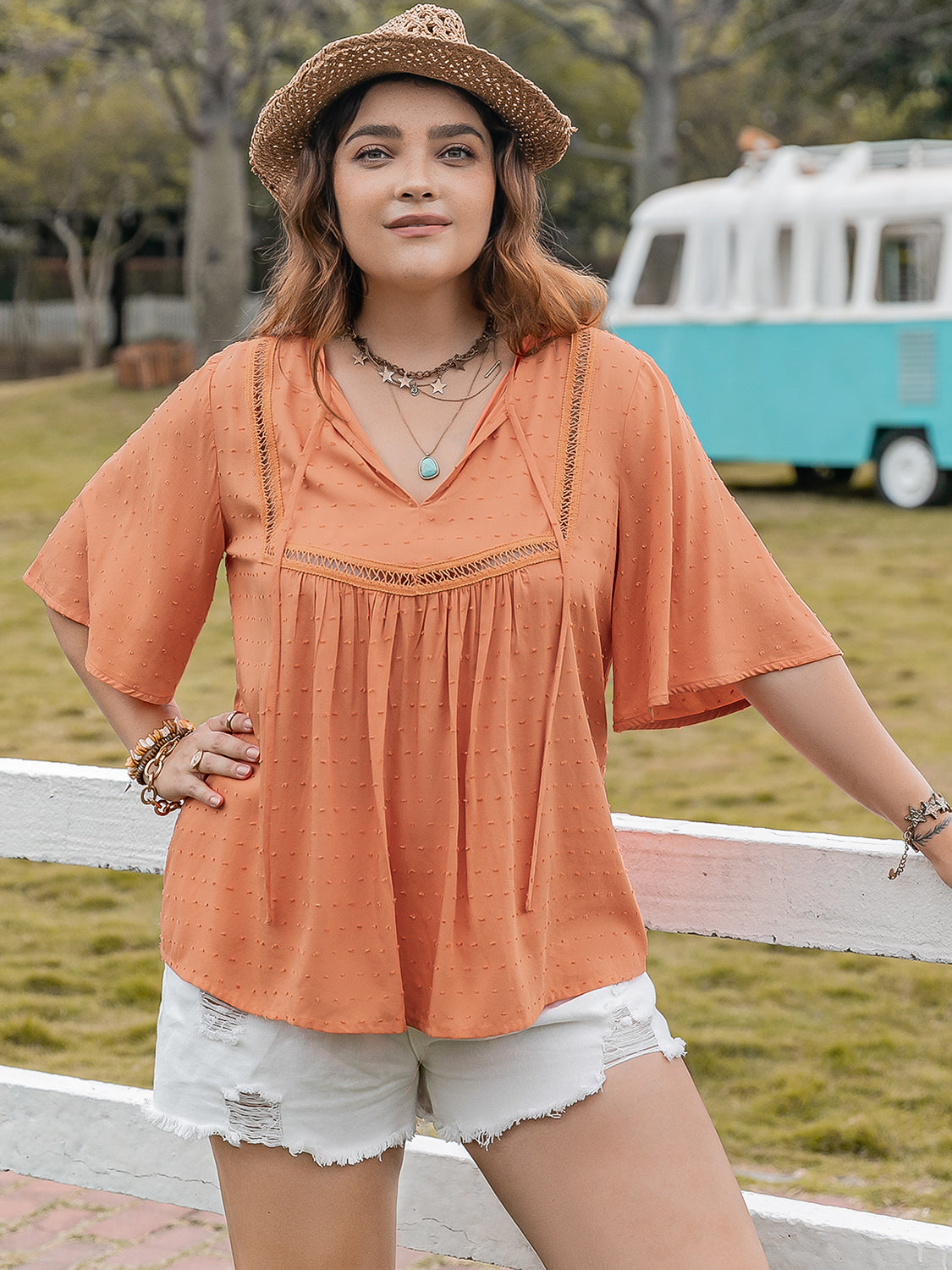 Plus Size Ruched Tie Neck Half Sleeve Blouse-Jewearrings