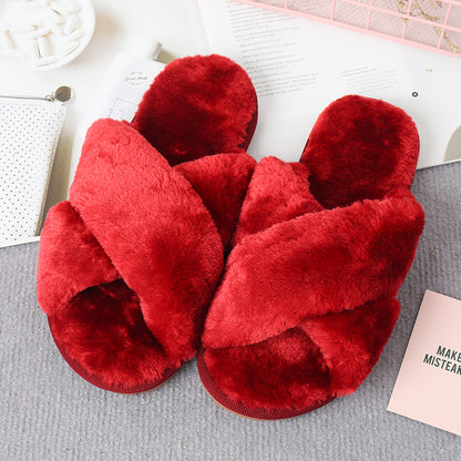 Faux Fur Crisscross Strap Slippers-Jewearrings