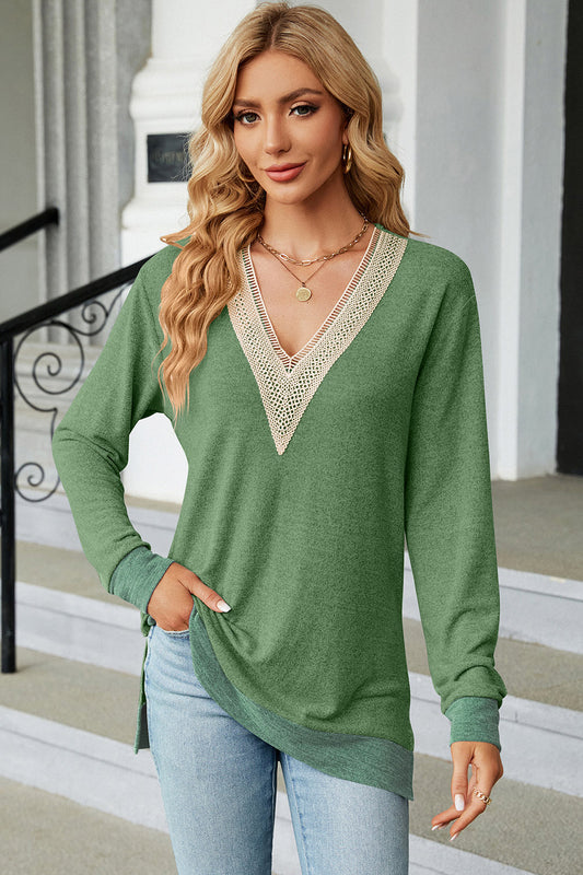 Slit V-Neck Long Sleeve T-Shirt-Jewearrings