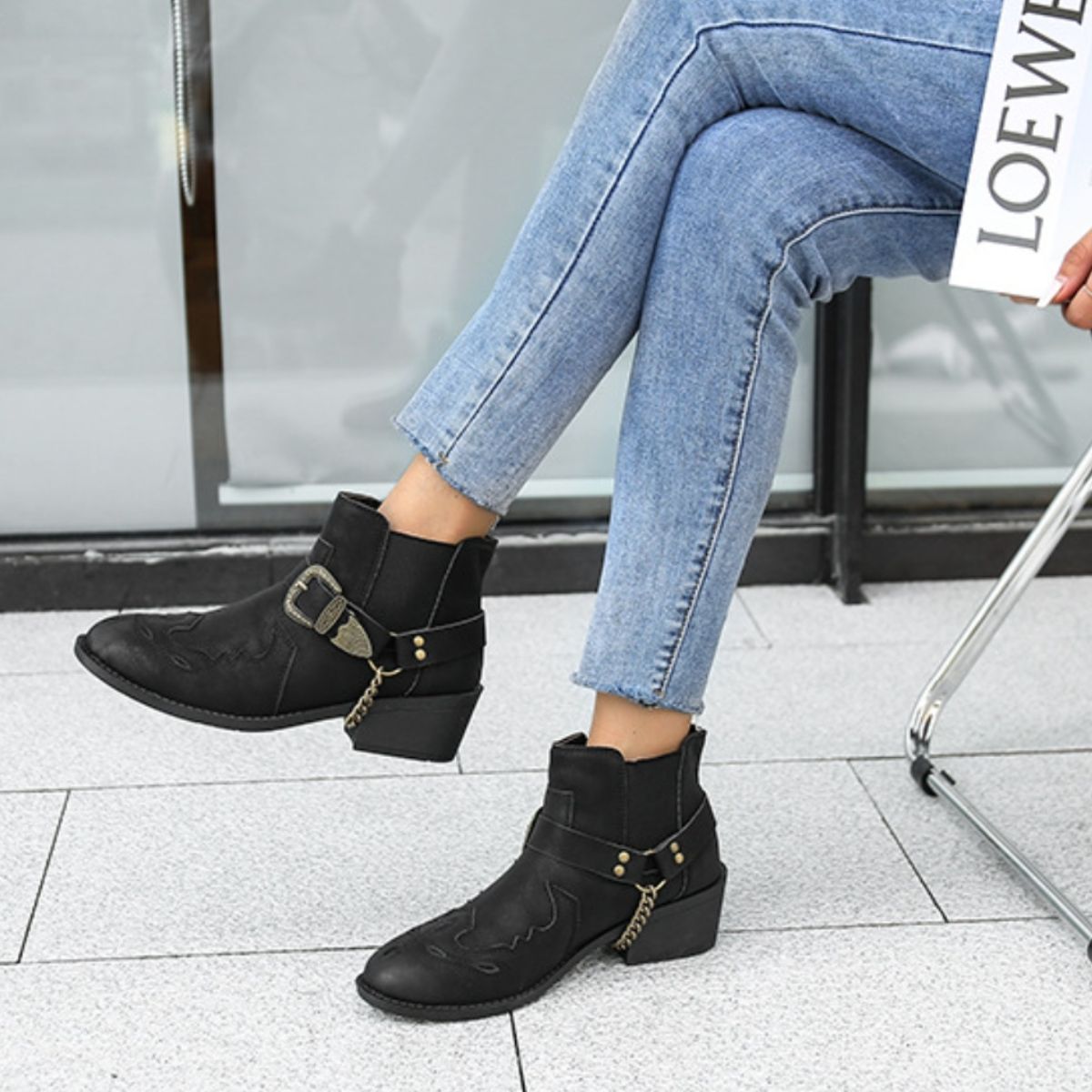 Chain PU Leather Block Heel Boots-Jewearrings