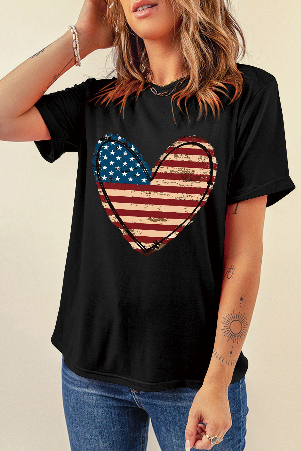 Stars and Stripes Heart Round Neck Short Sleeve T-Shirt-Jewearrings