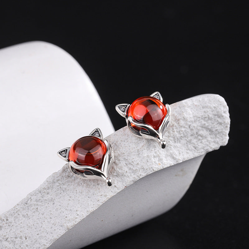 S925 Sterling Silver Little Red Fox Garnet Creative Earrings-Jewearrings