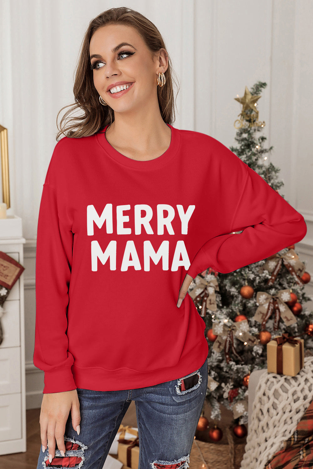 MERRY MAMA Graphic Round Neck Sweatshirt-Jewearrings