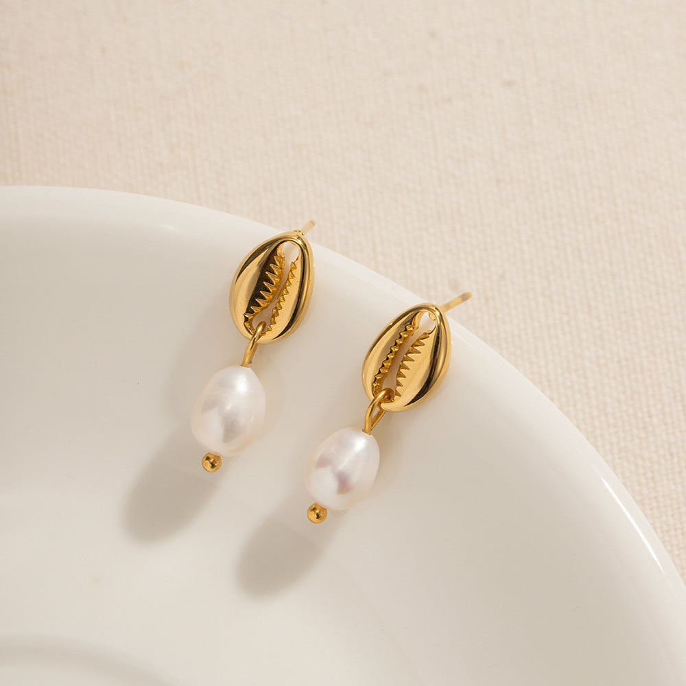 Women's 18K Gold Color-free Pearl Eardrops Stud Earrings-Jewearrings