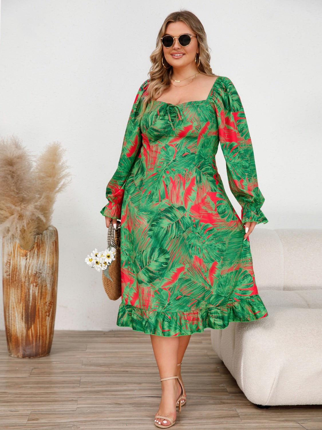 Plus Size Ruffled Square Neck Flounce Sleeve Dress-Jewearrings