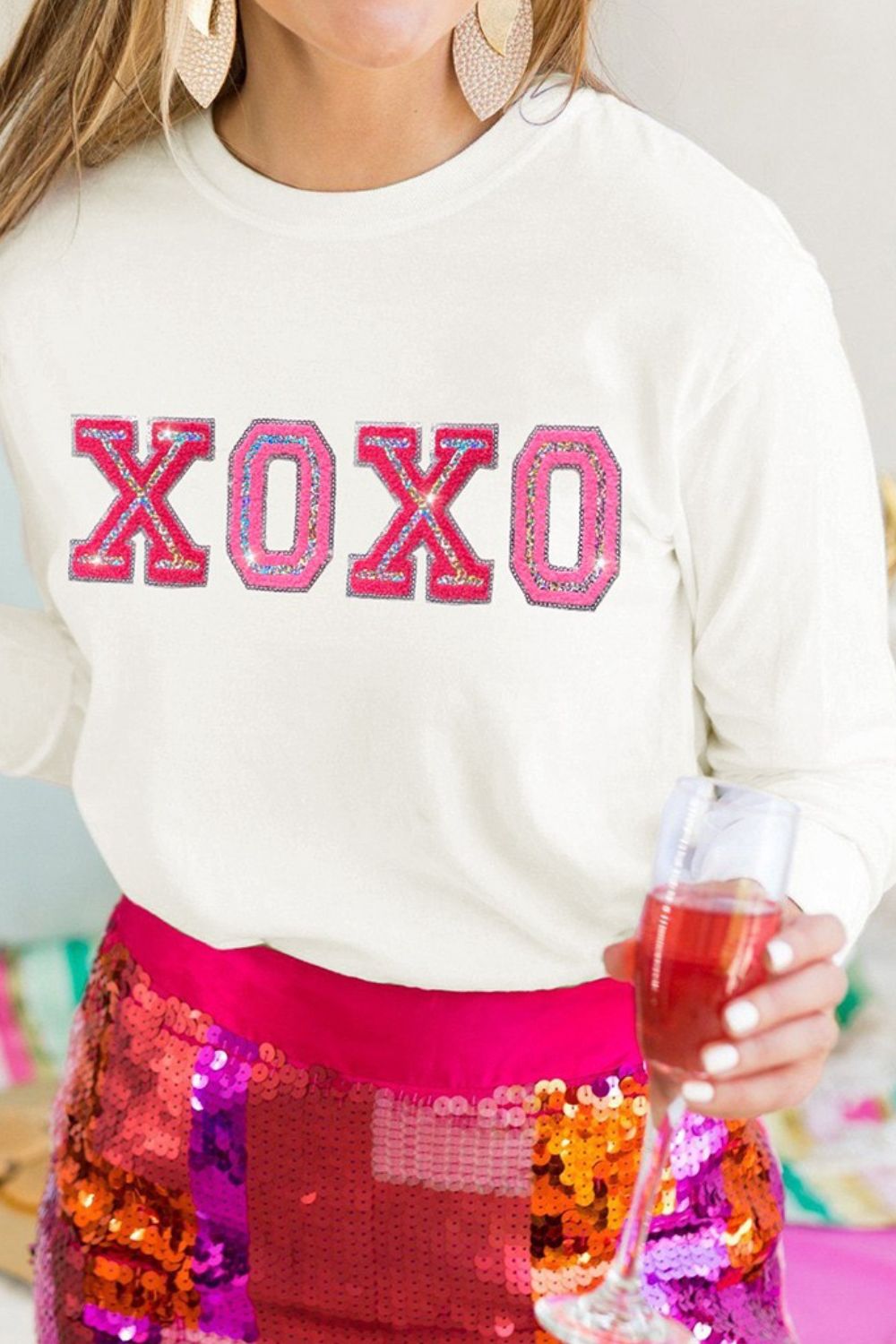 XOXO Round Neck Long Sleeve Sweatshirt-Jewearrings