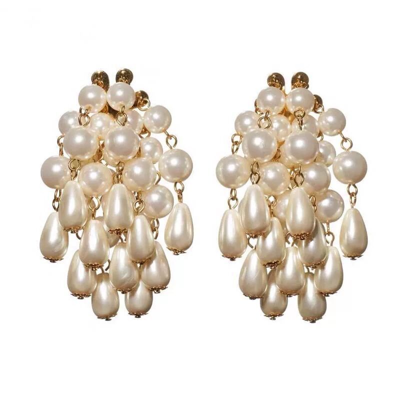 Vintage High Profile Large Earrings Pearl Tassel Pendant-Jewearrings