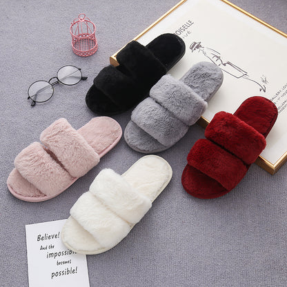 Faux Fur Double Strap Slippers-Jewearrings