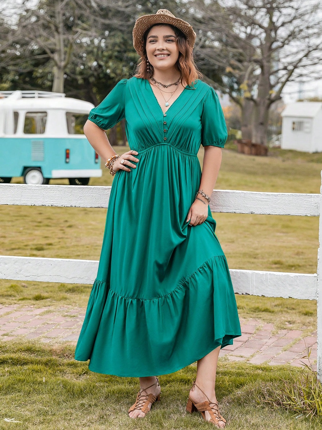 Plus Size V-Neck Short Sleeve Ruffle Hem Dress-Jewearrings