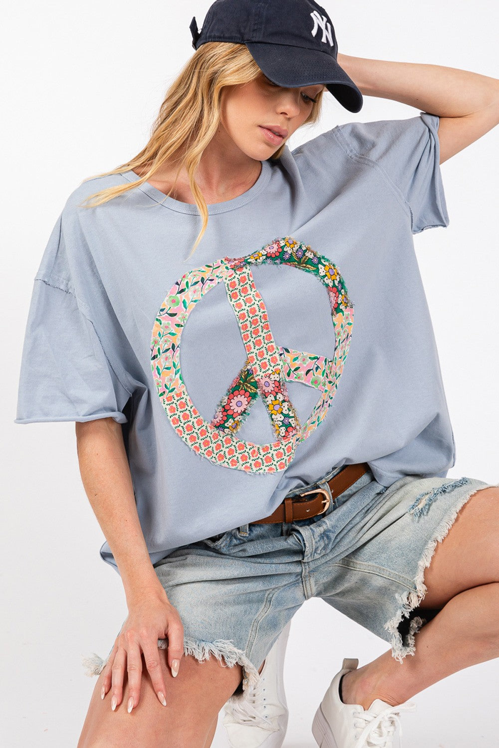 SAGE + FIG Peace Sign Round Neck Half Sleeve T-Shirt-Jewearrings