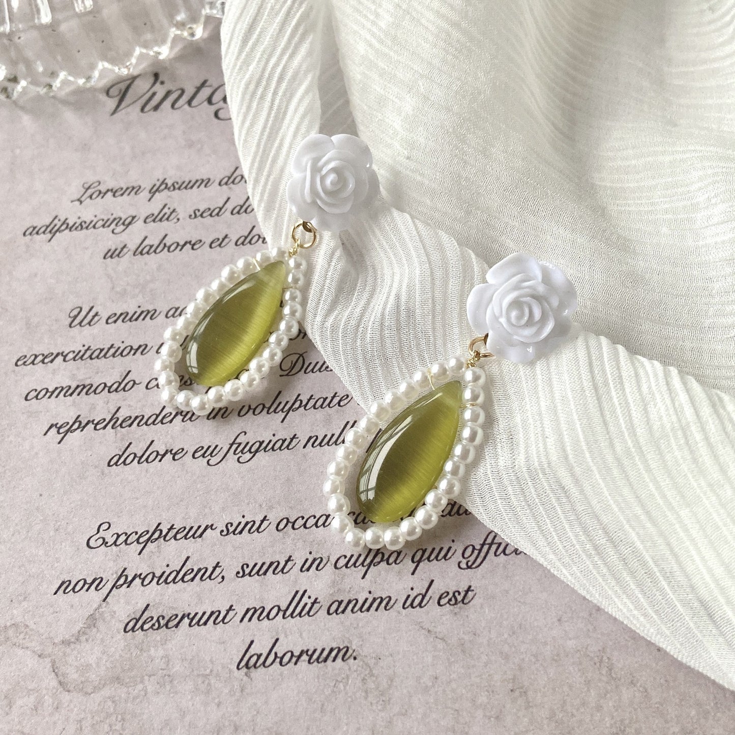 White Rose Pearl Green Opal Drop Earrings Ear Clips-Jewearrings