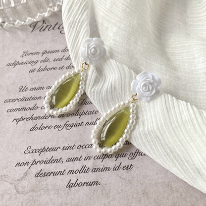 White Rose Pearl Green Opal Drop Earrings Ear Clips-Jewearrings