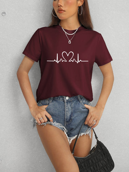 Heart Round Neck Short Sleeve T-Shirt-Jewearrings