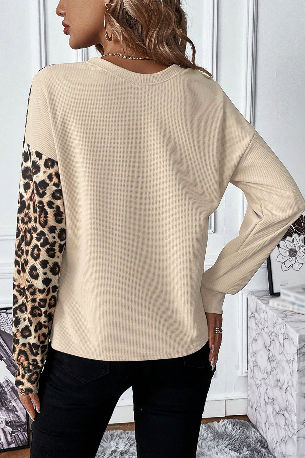 Leopard Waffle Knit Long Sleeve T-Shirt-Jewearrings