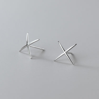 Women's Temperament Silver Glossy Line X-shaped Cross Stud Earrings-Jewearrings