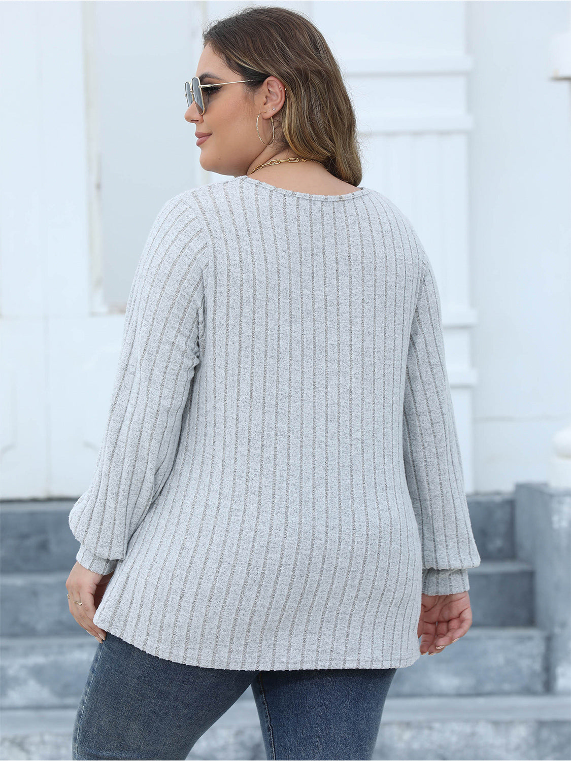 Plus Size Ribbed V-Neck Long Sleeve Top-Jewearrings