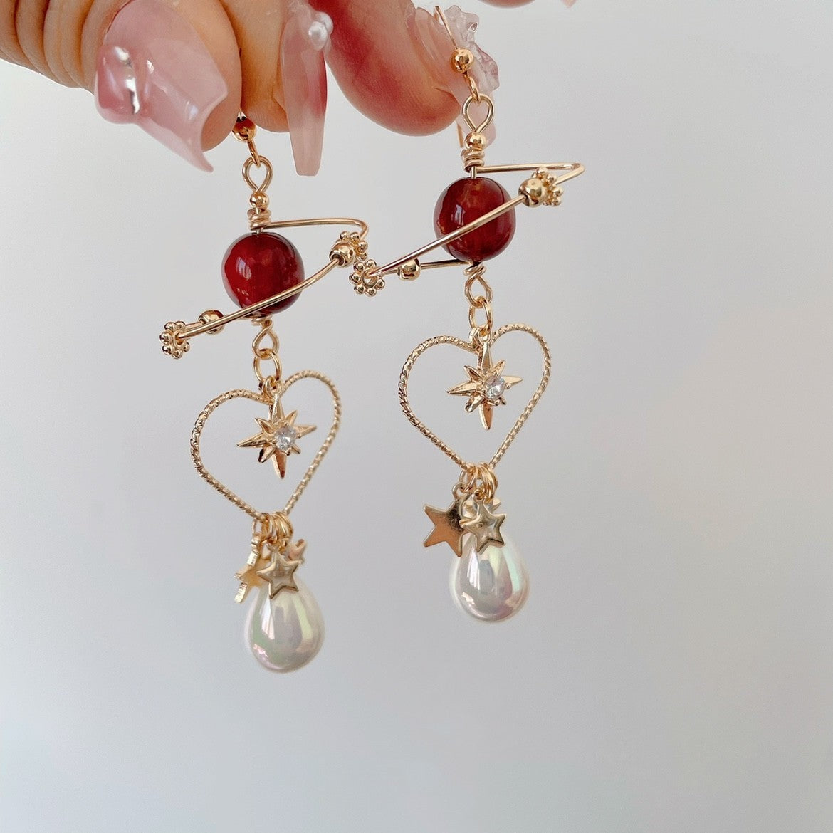 Red Planet Star Earrings Personality Love Pearl Ear Clips-Jewearrings