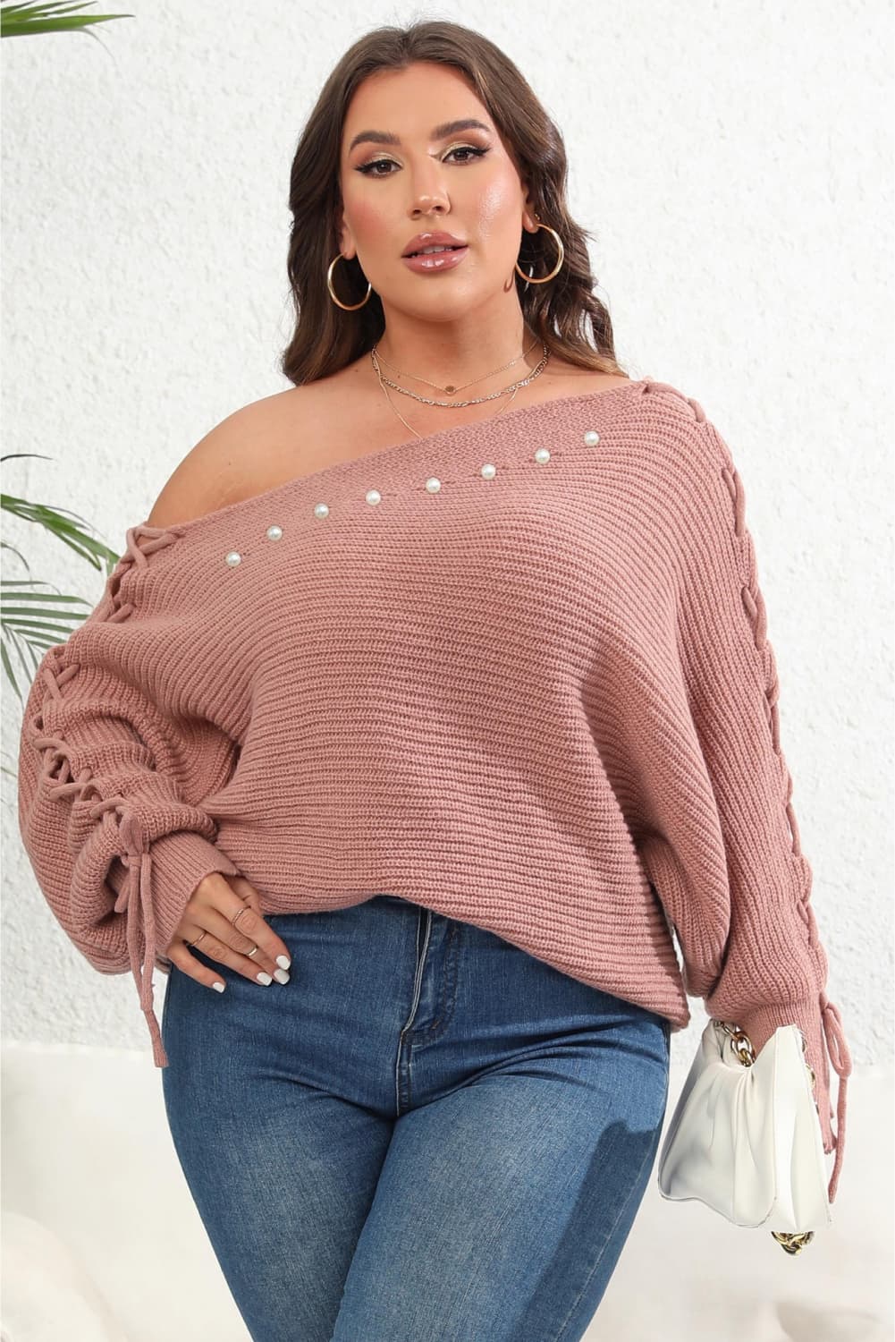 Plus Size One Shoulder Beaded Sweater-Jewearrings