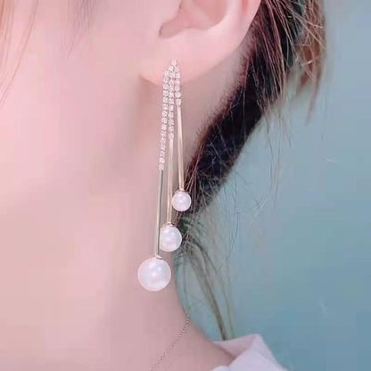 Silver Needle Red Pearl Tassel Drop Earrings-Jewearrings