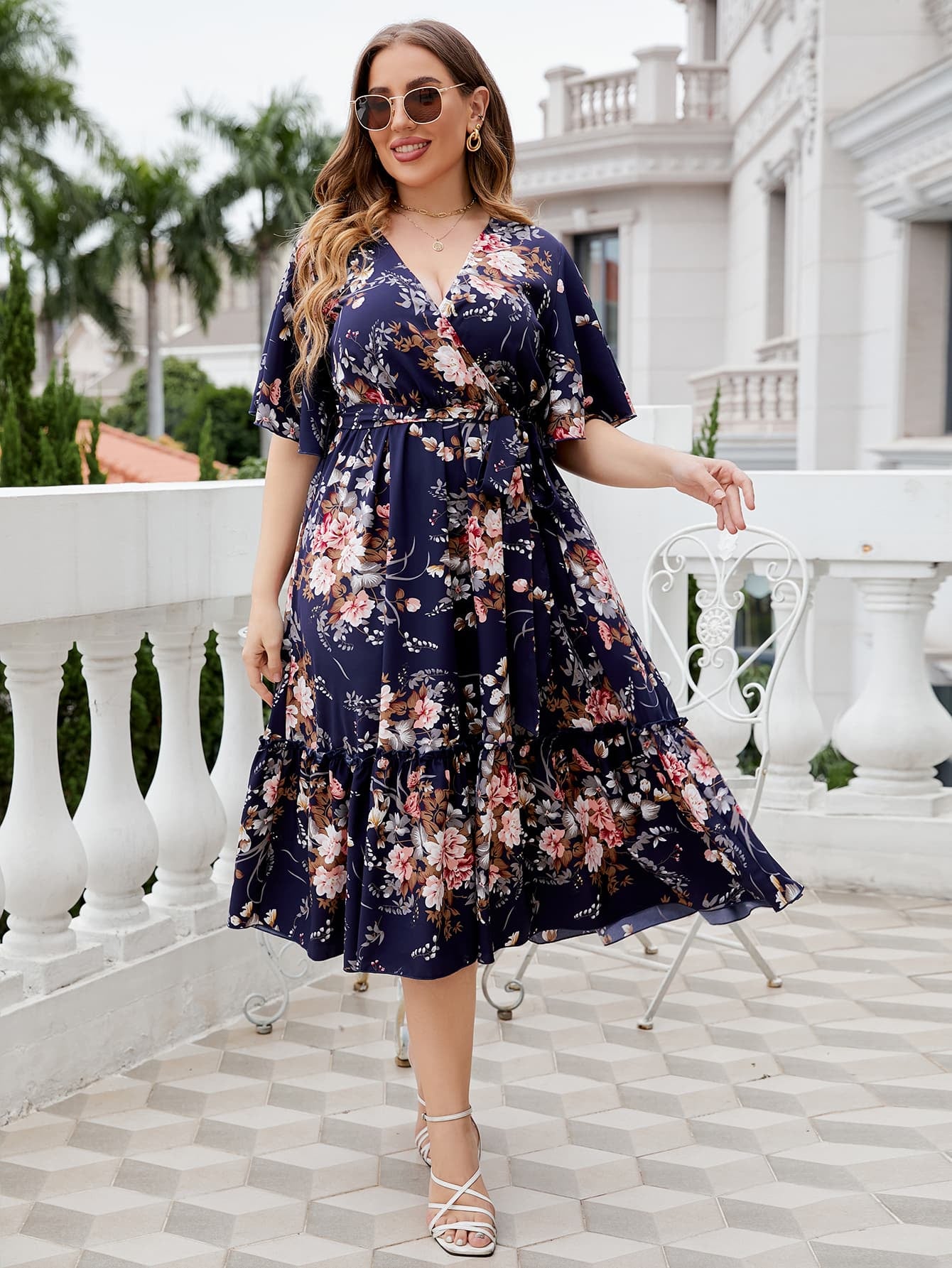 Plus Size Floral Surplice Neck Midi Dress-Jewearrings