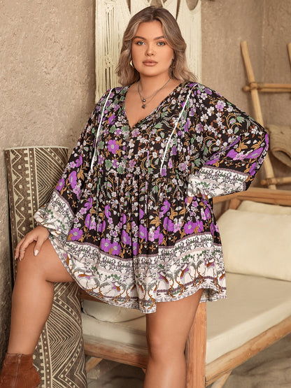 Plus Size Printed Tie Neck Mini Dress-Jewearrings