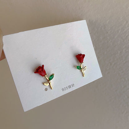 Drop Oil Zircon Metal Rose Stud Earrings-Jewearrings