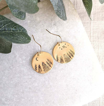 Vintage Asian Gold Disc Pine Star Moon Asymmetric Earrings-Jewearrings