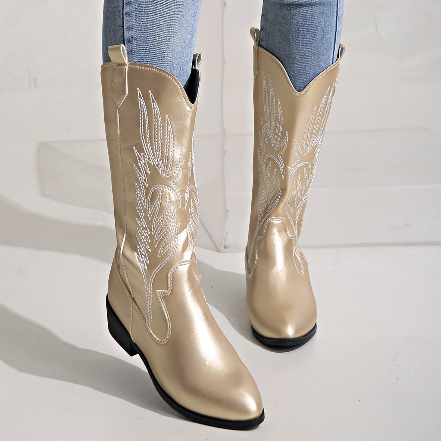 Embroidered Point Toe Block Heel Boots-Jewearrings