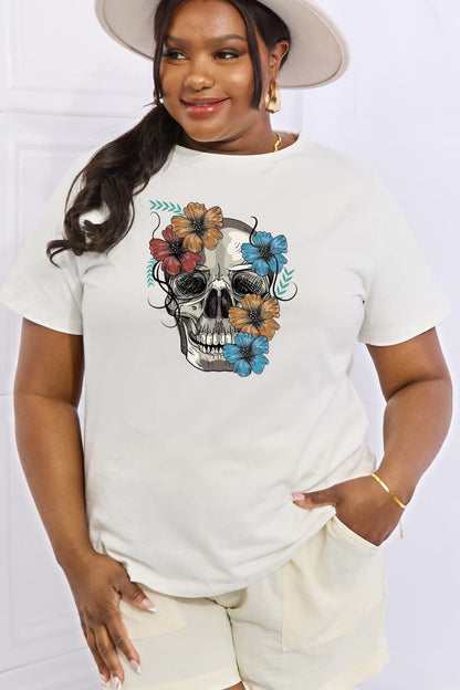 Simply Love Full Size Flower Skull Graphic Cotton Tee-Jewearrings