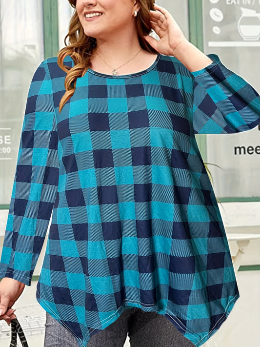 Plus Size Plaid Round Neck T-Shirt-Jewearrings