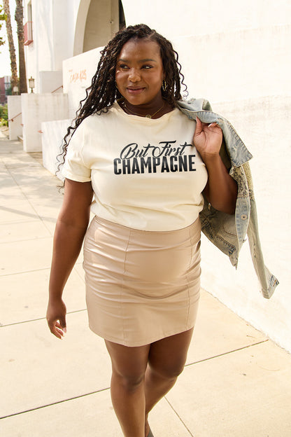 Simply Love Full Size BUT FIRST CHAMPAGNE Round Neck T-Shirt-Jewearrings