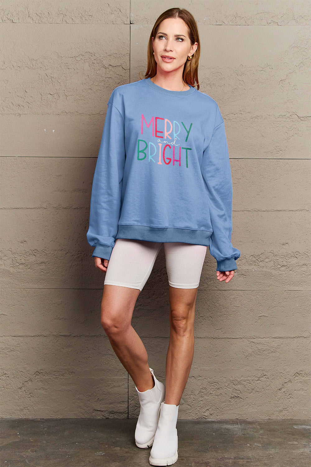 Simply Love Full Size MERRY AND BRIGHT Graphic Sweatshirt-Jewearrings