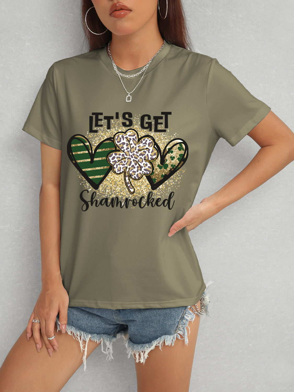 Lucky Clover Round Neck Short Sleeve T-Shirt-Jewearrings