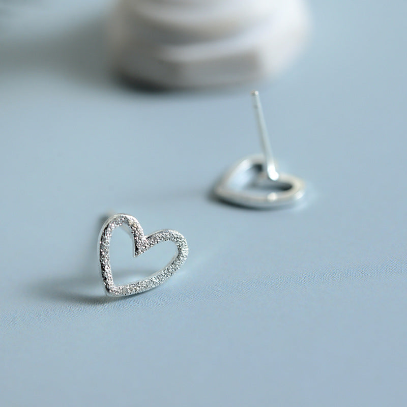 S925 Sterling Silver Earrings Hollow Frosted Heart-shaped Ear Studs-Jewearrings