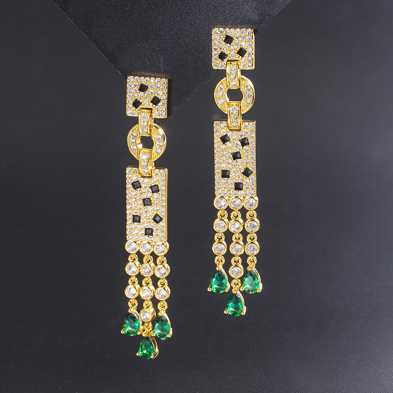 Flowsue Silver Gilt Micro Inlaid Emerald Earrings Simulate Emerald Pendant-Jewearrings