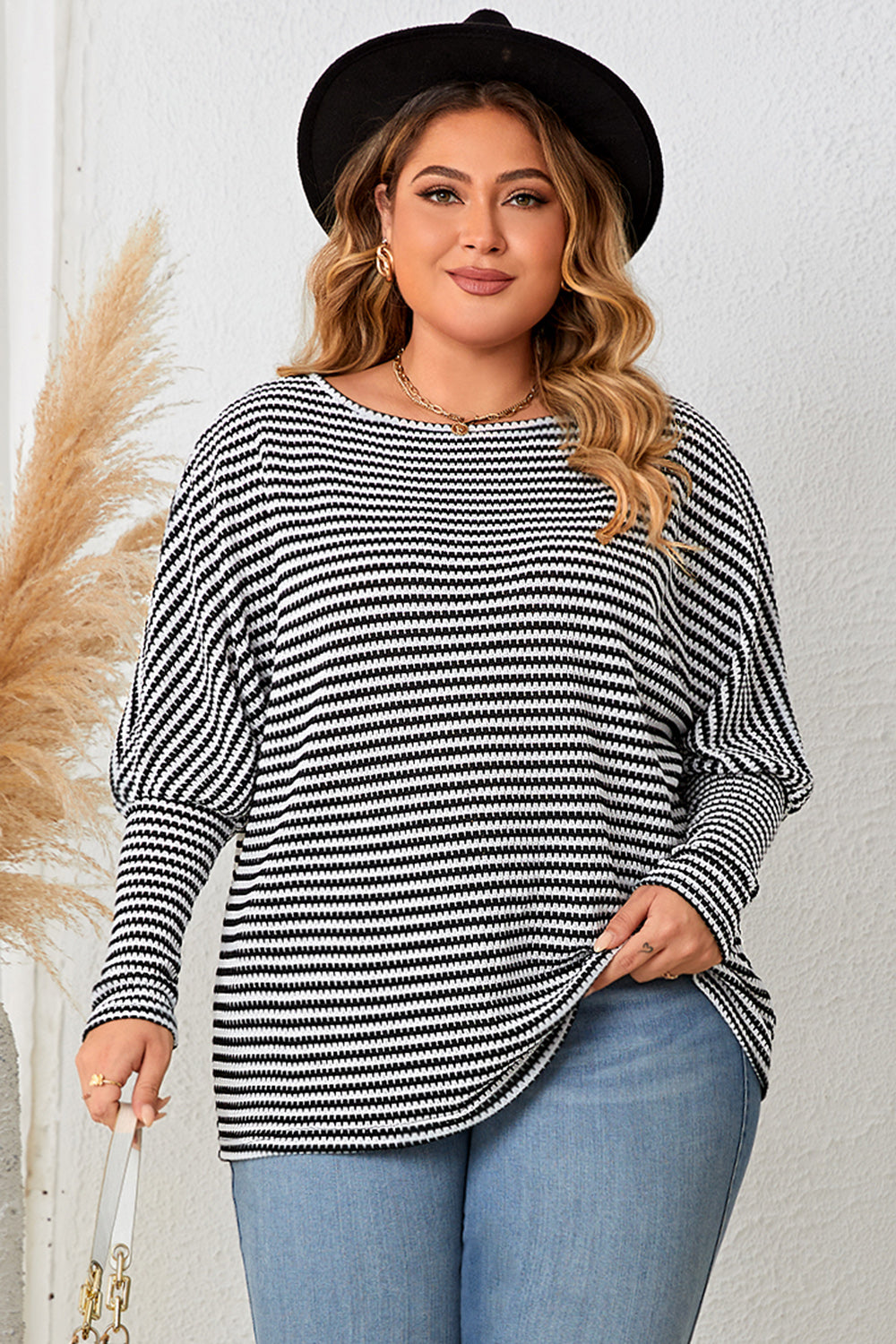 Plus Size Striped Long Sleeve Top-Jewearrings