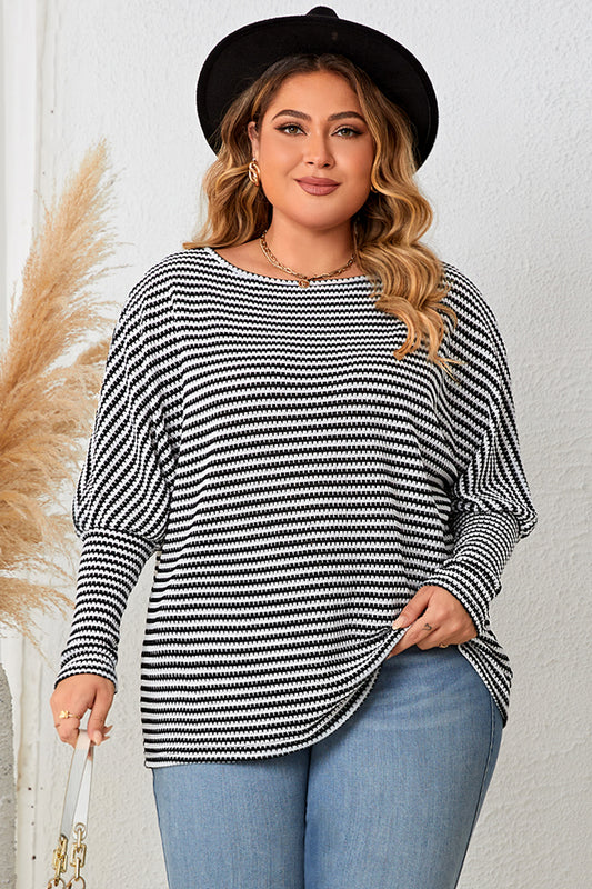 Plus Size Striped Long Sleeve Top-Jewearrings