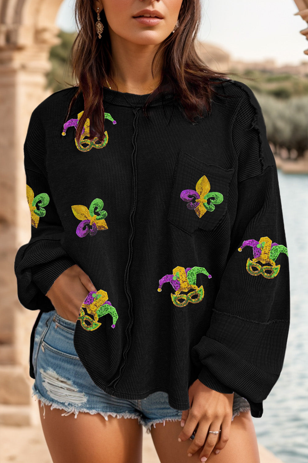 Plus Size Mardi Gras Sequin Round Neck Sweatshirt-Jewearrings