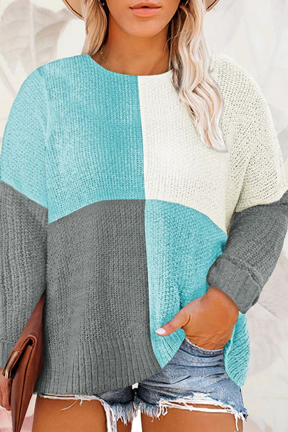 Plus Size Color Block Round Neck Sweater-Jewearrings