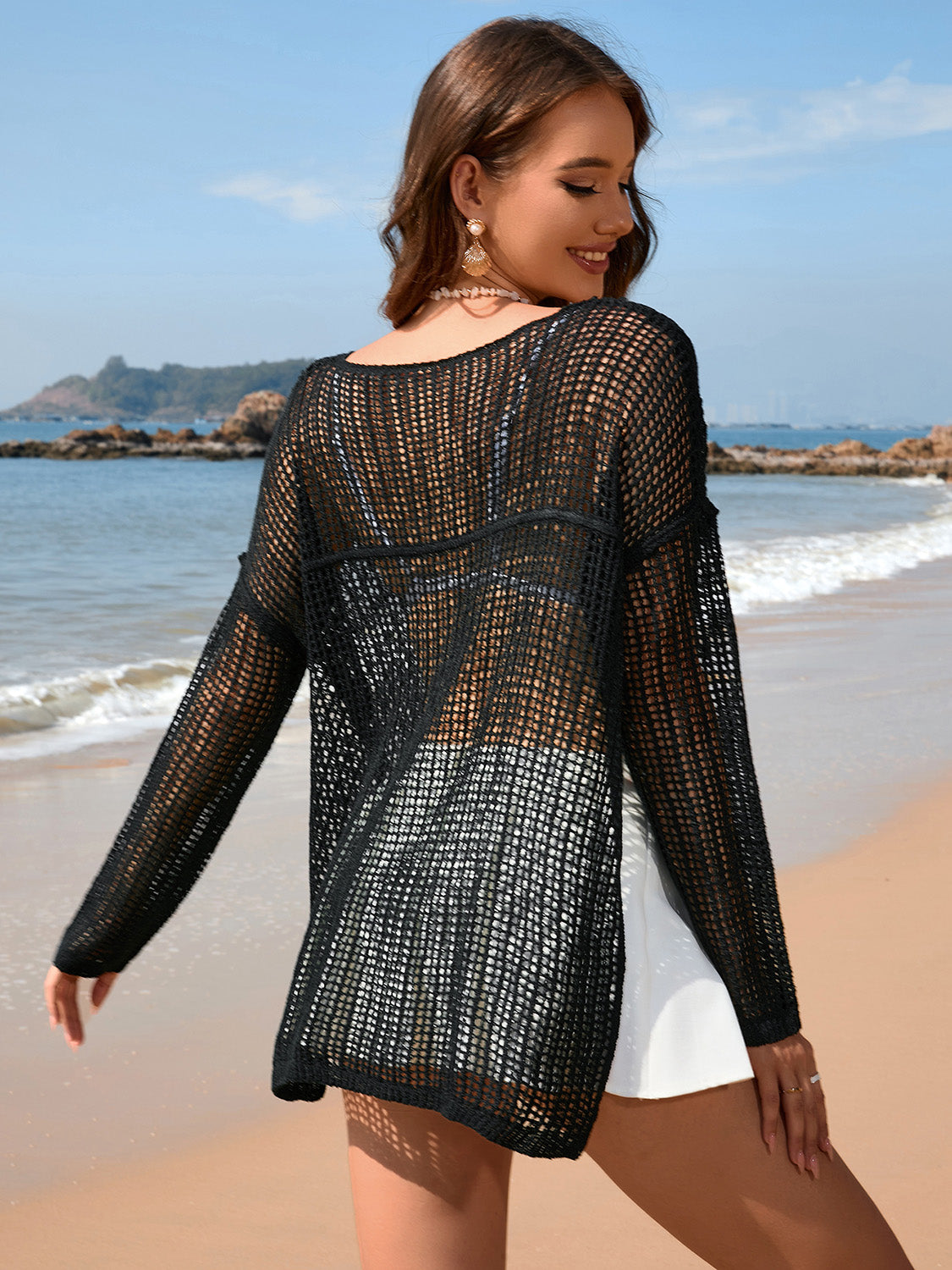 Openwork Slit Boat Neck Long Sleeve Cover-Up-Jewearrings