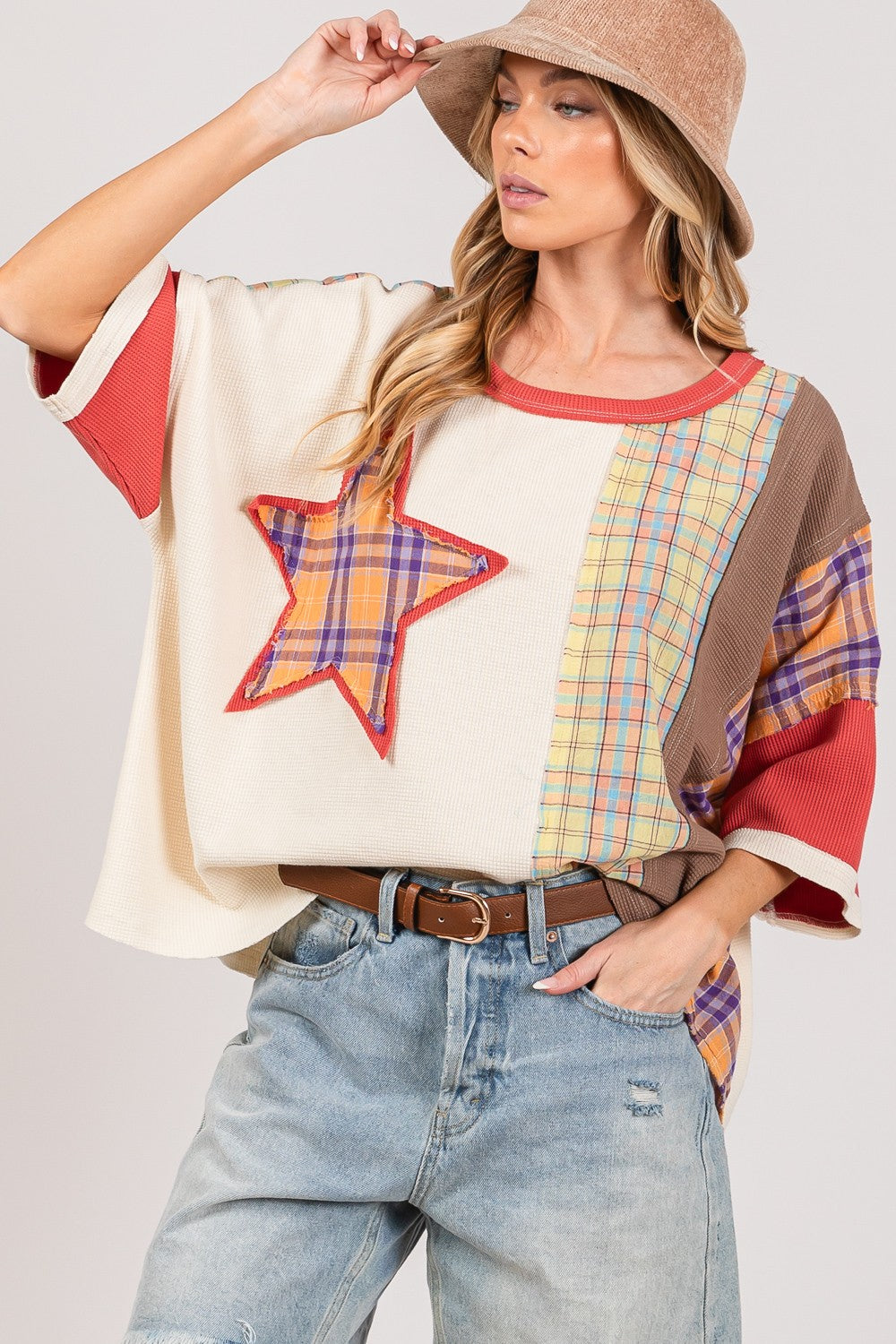 SAGE + FIG Round Neck Plaid Star Patch T-Shirt-Jewearrings