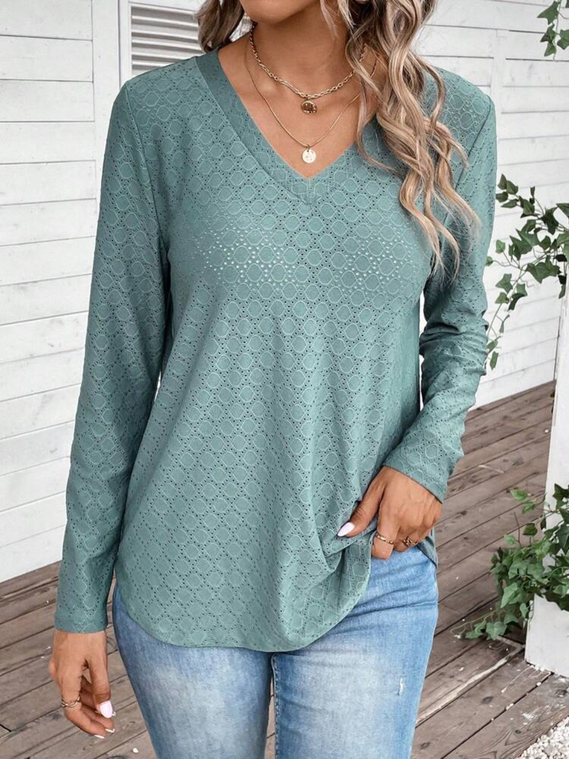 Eyelet V-Neck Long Sleeve T-Shirt-Jewearrings