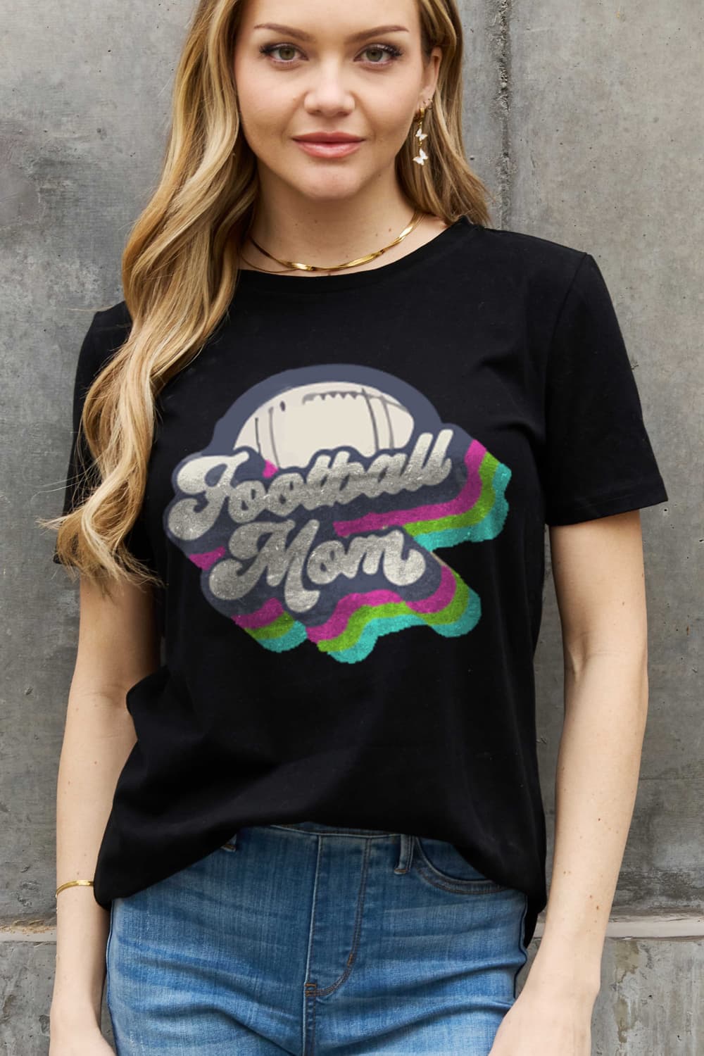 Simply Love Full Size FOOTBALL MOM Graphic Cotton Tee-Jewearrings