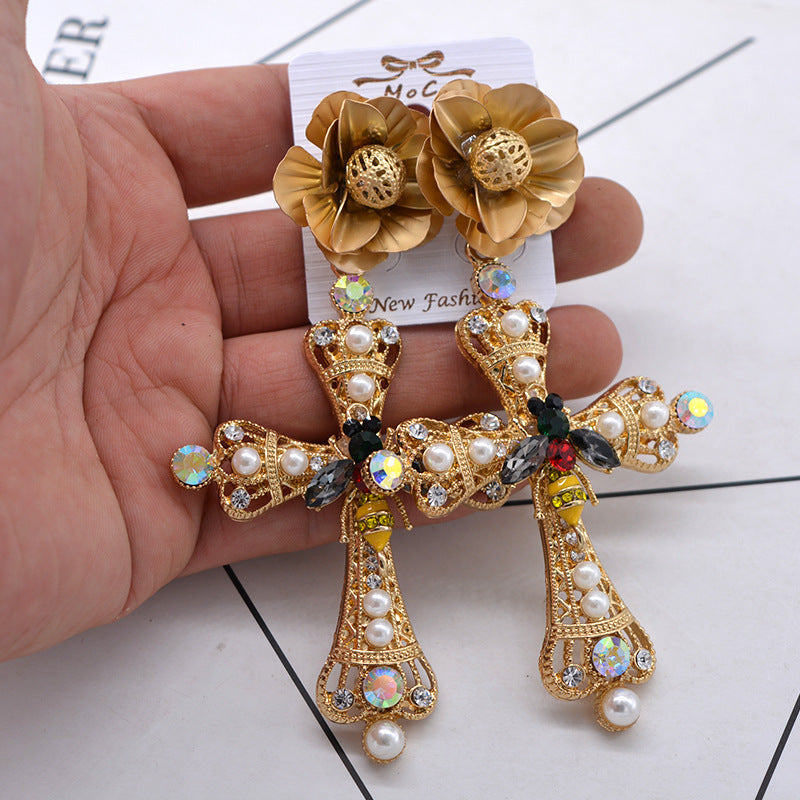 Vintage Baroque Catwalk Style Cross Earrings Female Accessories-Jewearrings