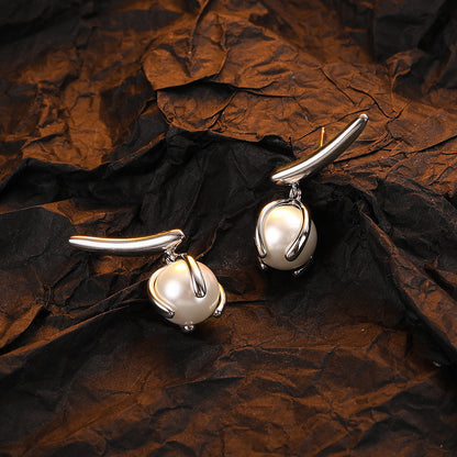 Women's Fashion Temperament Sterling Silver Pearl Leaf Earrings-Jewearrings