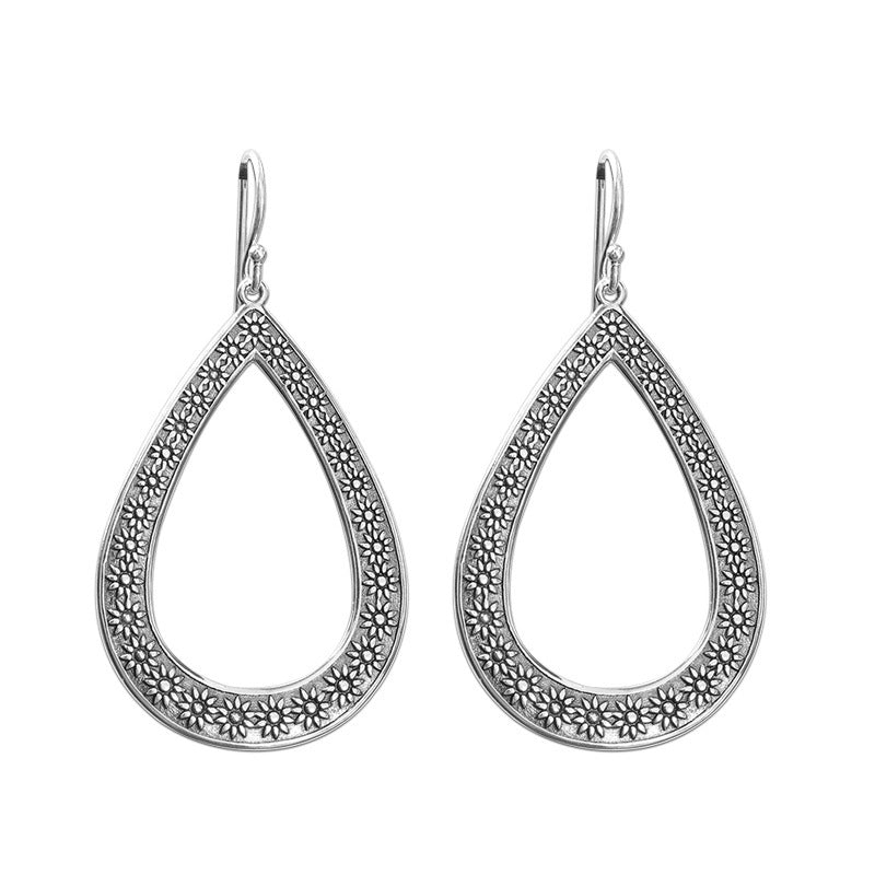 Women's Fashion Silver Engraved Floral Drop Earrings-Jewearrings